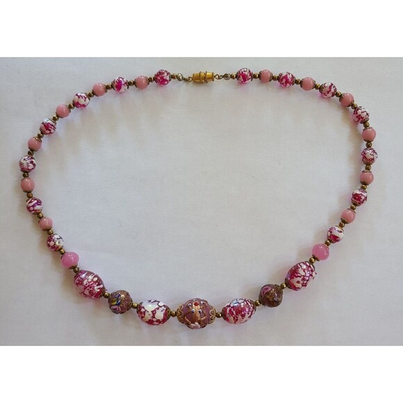 Vintage Venetian Wedding Cake Pink Opaline Murano Glass Bead Necklace 18” - Picture 4 of 6